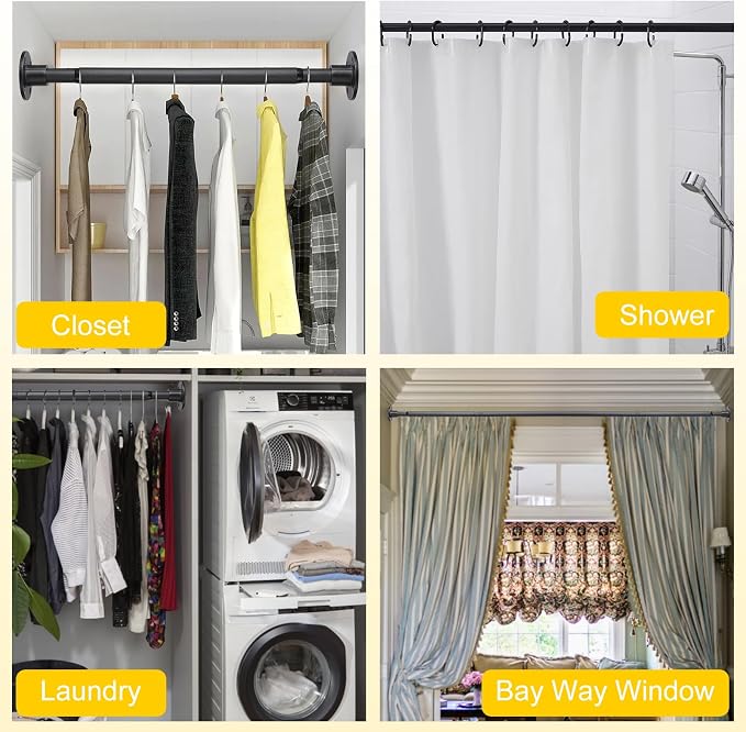 Closet Rod, 30 to 92 inch Adjustable Closet Rods for Hanging Clothes, Heavy Duty Closet Hanging Rod, Black Closet Hanger Poles, Metal Closet Hanging Bar for Wardrobes Laundry, Drilling Installation