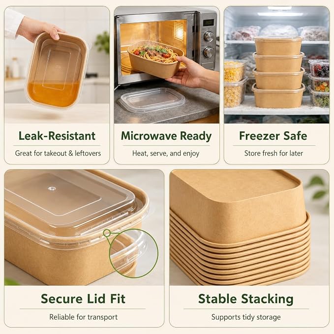 50-Pack 35oz Disposable Kraft Paper Bowls【with Lids and Forks】, Large Meal Prep Containers To Go Food Prep Containers, Leakproof Paper Bowls Treat Soup Serving Bowl, Microwave Safe for Hot/Cold Food
