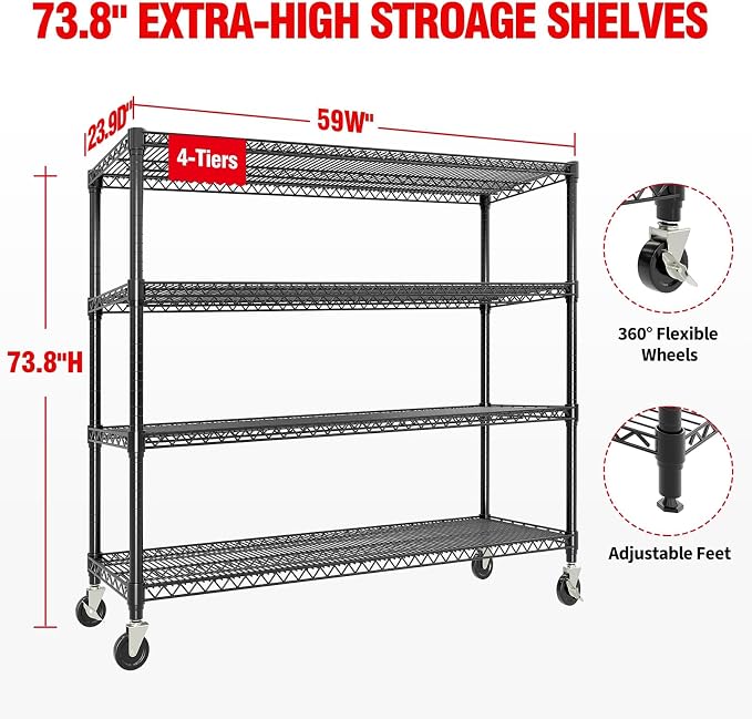 Metal Shelving with Wheels, 2640LBS 4-Tier Heavy Duty Garage Storage Shelves, Adjustable Wire Rack Shelving Unit w/Casters, Rolling Shelf for Home, Workshop, Basement, 74" H×24" D×60" W