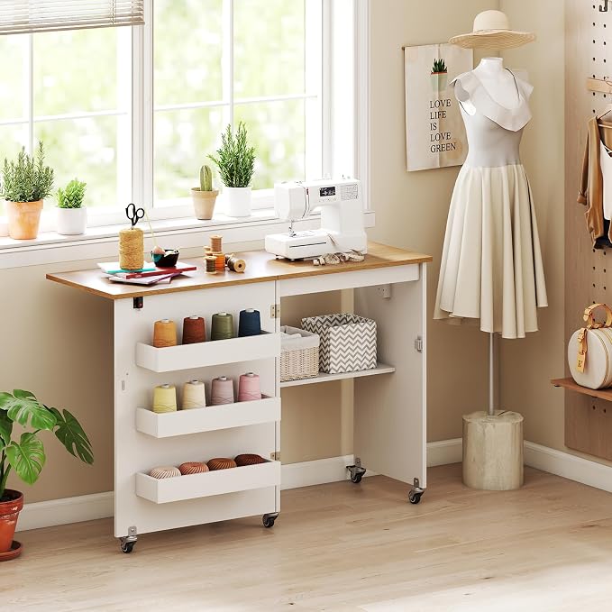 Giantex Folding Sewing Table with Charging Station, Storage Trays & Shelf | Rolling Craft Table with Lockable Wheels, Foldable Sewing Machine Cabinet Desk for Small Spaces, Dorms, White & Natural