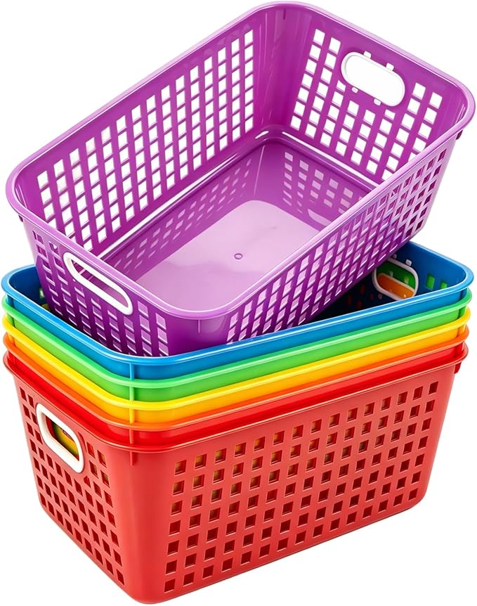 6 Pack Plastic Classroom Storage Baskets, Organizer Bins with Handle | Rainbow Color 11" × 7.1" × 4.6" Medium Papers Book Storage Organizer for School Classroom Library Office Home Desktop Closets