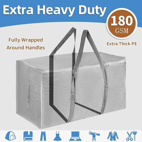 12 Pack-Extra Large Heavy Duty Moving Bags - Waterproof Storage Totes with Handles & Zippers, Foldable for College Dorm, Storage (Gray)