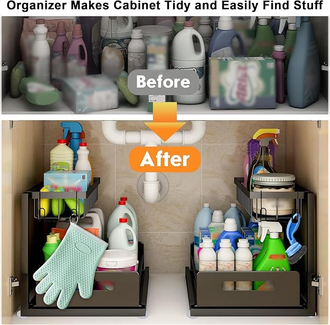 Under Sink Organizer, Pull Out Cabinet Storage 2 Tier Slide Out Sink Shelf, Kitchen Organizers and Storage, Black, 1 Pack