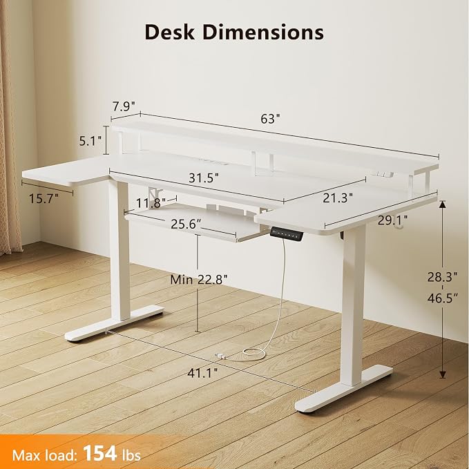 OffiGo 63 Inch U Shaped Electric Standing Desk with Keyboard Tray, White | 3 Outlets & 2 USB Ports, Dual-Monitor Stand, 10 Colors & 10 LED Modes, 3 Presets, 28.3"-46.5"in Range, 154 lb Capacity