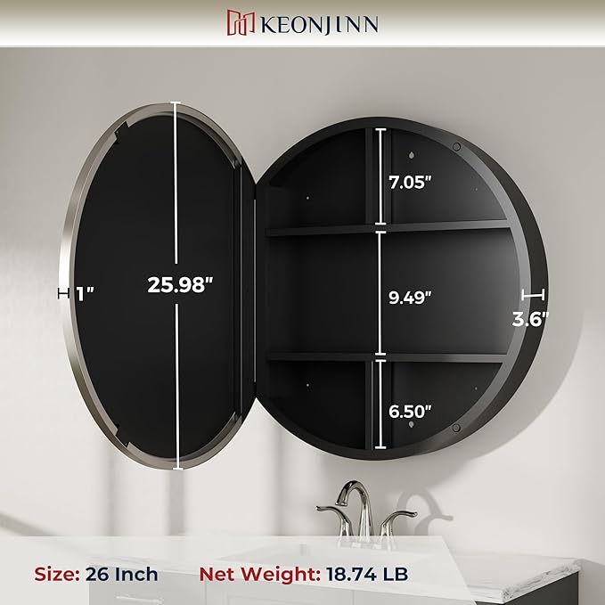 Keonjinn Round Brushed Nickel Medicine Cabinet Mirror for Bathroom, 26 Inch Surface Mount Medicine Cabinet with Mirror, Circular Framed Mirrored Medicine Cabinets, Modern Cabinet with Vanity Mirror