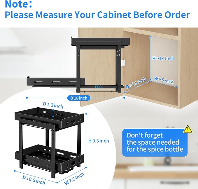 Pull Out Spice Racks for Inside Cabinets, 2 - Tier Cabinet Spice Rack Organizer, Height Adjustable Vertical Spice Rack for Cabinet, Kitchen, Pantry, Cupboard (7.5''Wx10.8''Dx9.2''H, Metal Black)