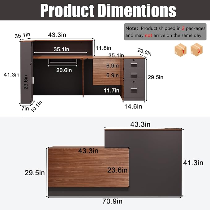 L-Shaped Reception Desk,Large Front Desk with Keyboard Tray, Lockable Drawers & File Cabinet, Receptionist Desk for Checkout,Lobby (Right L-Walnut/Slate Gray, 71''L x 23.6''W x 41.3''H)