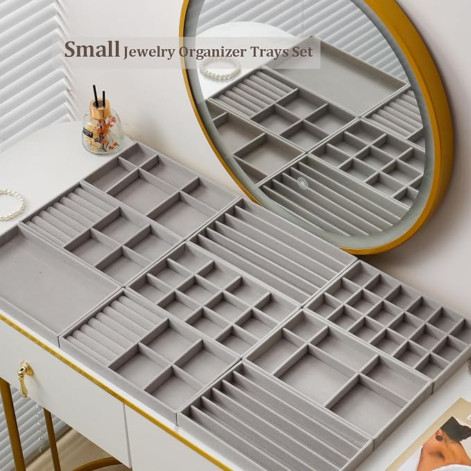 SPAKOWN Stackable Jewelry Organizer Trays Set of 9, Small Velvet Jewelry Organizers Earring Necklace Ring Bracelet Display Case Storage for Drawer Dresser (Grey)