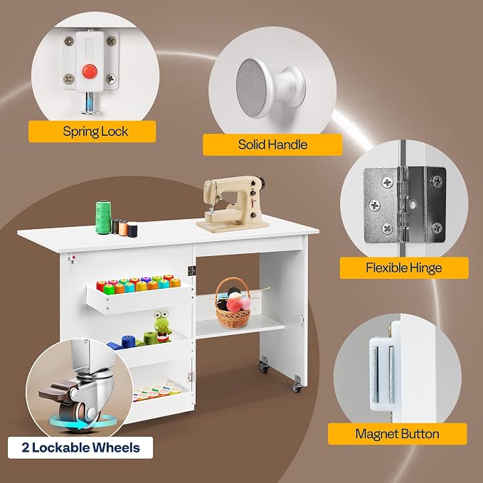 VIVOHOME Folding Sewing Table for Sewing Machine, Sewing Desk with Storage | Rolling Sewing Craft Table with Storage Shelves, Trays, Wheels, Sewing Cabinet with Lift for Small Spaces, White