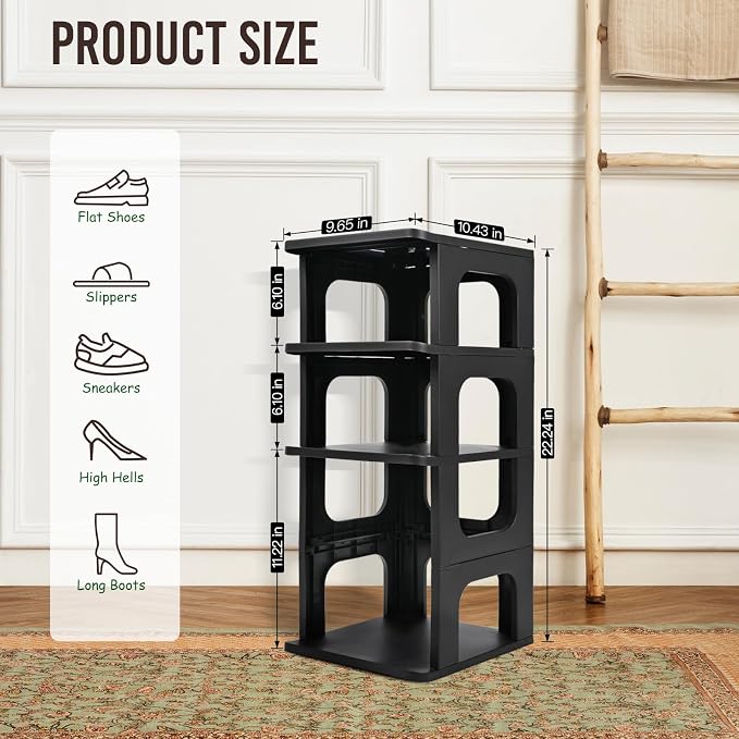 TRZZ 4-Tier Small Shoe Rack, Vertical Narrow Stackable Organizer with Removable Partition, Efficient Shoe Storage for Closet, Entryway, and Small Spaces (Black) | Removable Partition, Vertical Efficient Shoe Storage, for Closet, Entryway, Small Spaces