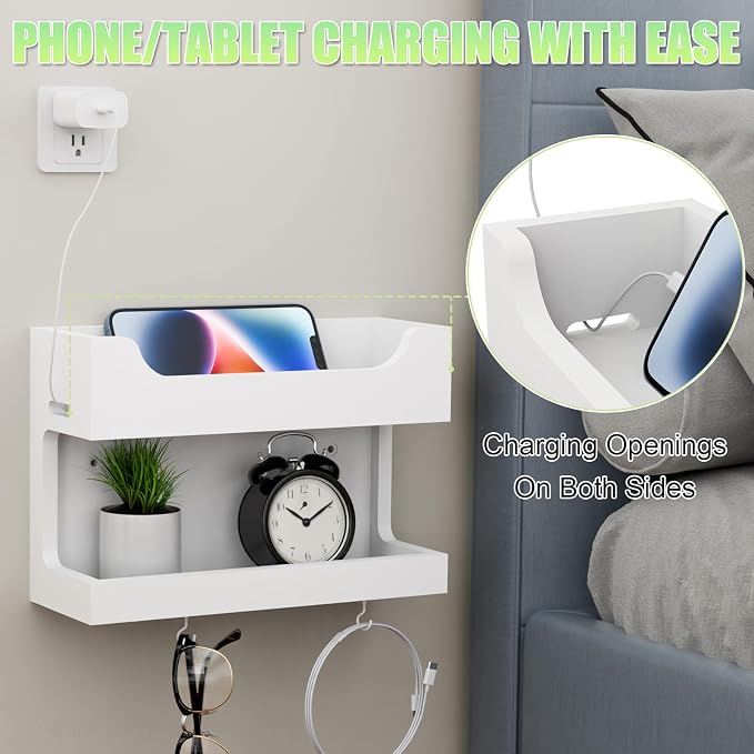 NiHome Bedside Wall Shelf, Wood Organizer, Magnetic Hooks, 2 Tier, White | Double Layer Tray For Dorm Bedroom, Cable Holes, No Drill Mount RV Wall Caddy, Holds Phone Glasses Remote Clock