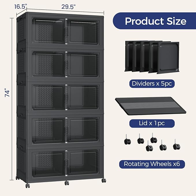 200GAL Extra Large Storage Bins with Lid, 800Qt Stackable Closet Organizers and Drawers, Collapsible Storage Bins with Wheels, Folding Containers for Home, Kitchen Office, 5Pack Black
