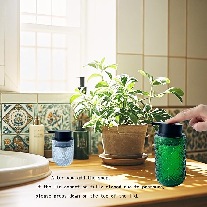 Foaming Hand Soap Dispenser,Vintage Glass Soap and Lotion Dispenser for Bathroom,Kitchen Dish Soap Dispenser with Black Foam Pump (Light Green Begonia Flower+Black Lid)