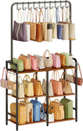 Large Purse Organizer for Closet, 3-Tier Double Row Purse Rack Stand with Hooks, 11.5" Depth Handbag Storage for Narrow Spaces, Sturdy Floor Standing Purse Shelf for Bedroom & Entryway, Black