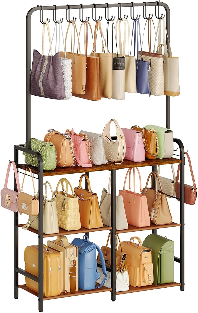 Large Purse Organizer for Closet, 3-Tier Double Row Purse Rack Stand with Hooks, 11.5" Depth Handbag Storage for Narrow Spaces, Sturdy Floor Standing Purse Shelf for Bedroom & Entryway, Black