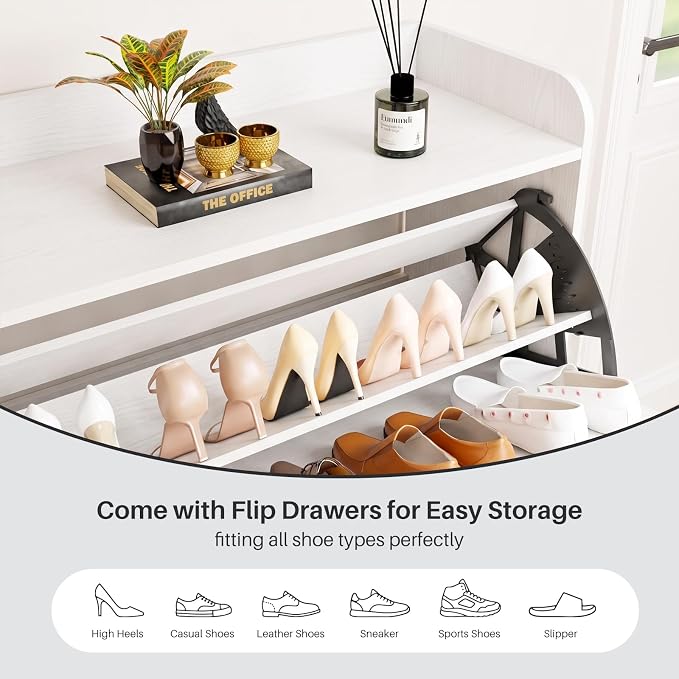 YZ HOME Shoe Storage Cabinet with 2 Flip Drawers, Entryway Shoe Cabinet with 2 Metal Hooks & Adjustable Shelves Freestanding Shoe Organizer Narrow Shoe Rack for Entrance Hallway Foyer Front Door