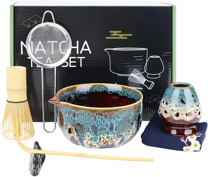 7-Pcs Matcha Whisk Set, Ceramic Matcha Set, Includes Matcha Bowl, Matcha Whisk, Chasen Holder, Bamboo Scoop, Scoop Rest, Stainless Sifter, Tea Towel, Matcha Kit for Matcha Tea Ceremony