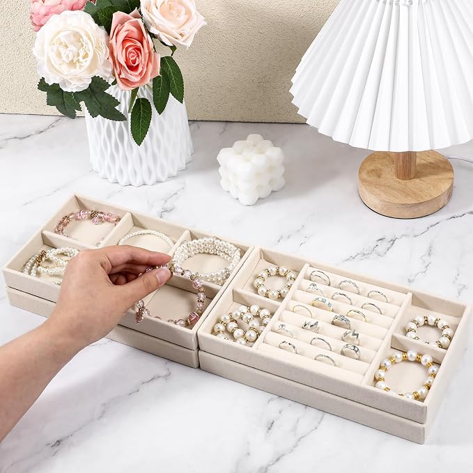 Prasacco 4 Pcs Stackable Jewelry Trays Jewelry-Organizer for Drawer Jewelry Drawer Organizer Inserts with Removable Dividers Jewelry’ Storage Display Case for Earrings Necklaces Rings Bracelets