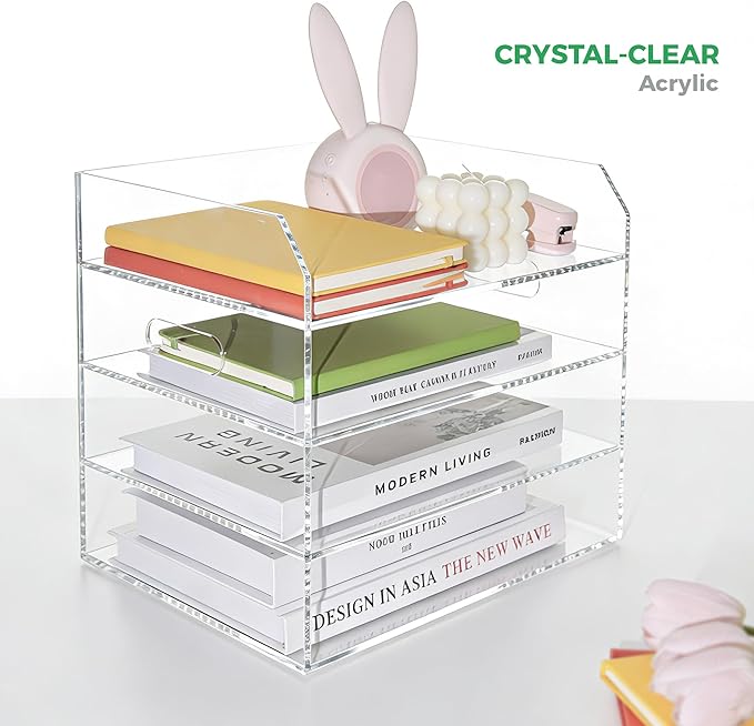 Paper Tray Organizer for Desk, 4 Tier Acrylic Desk Organizers and Accessories, One-Piece Integrated A4 Paper Organizer with Handles, Crystal-Clear Letter Tray & Office File Holder, Books Notes