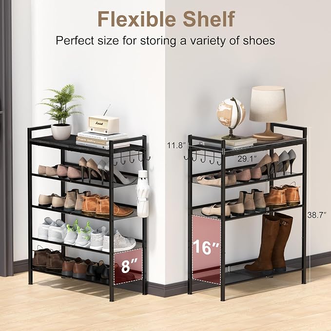 Shoe Rack for Front Door Entrance, 5 Tier Height-Adjustable Metal Shoe Rack , Sturdy Wooden Top and Tiltable Steel Frame Heavy Duty Shoe Organizer for Bathroom,Bedroom,Kitchen, Include Hook, Black