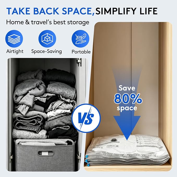 24 Packs Vacuum Bags for Travel with Rechargeable Pump, 3 Sizes Vacuum Seal Bags for Clothing, Compression Vacuum Travel Bags for Luggage, Vacuum Packing Bags for Closet Organization