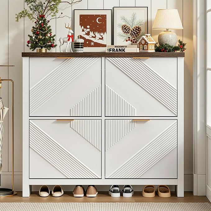 Shoe Cabinet with 4 Flip Drawers & Symmetric Groove Pattern for Entryway | 44.5''W x 9.2''D x 39.4'' White Fit for 16-24 Pairs of Shoes Slim Narrow Hidden Shoe Storage Cabinet for Hallway Living Room