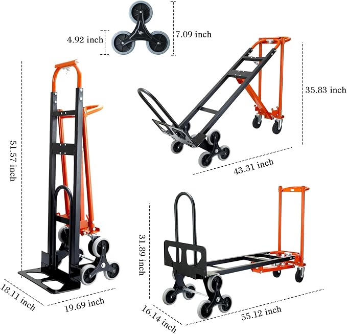 4 in 1Convertible Hand Truck Dolly for Stairs,1000 LBS Capacity Steel Hand Truck,Hand Trucks Heavy Duty Dolly Cart with Stair Climbing Wheels for Moving,Transport (Orange)