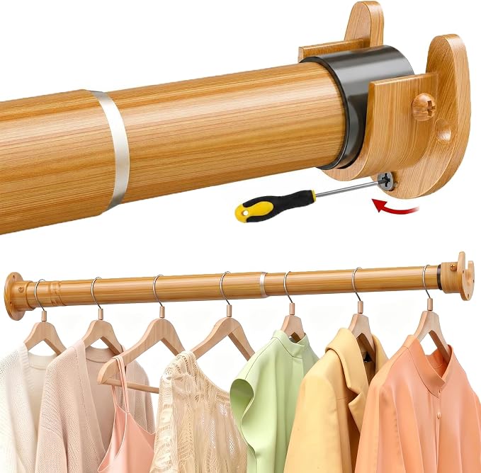 17 to 84 Inch Closet Rods for Hanging Clothes with Screwdriver, Stepless Adjustable Closet Rod Heavy Duty, 1.3 Inch Clothes Hanging Rod Metal Closets Pole Bar for Wardrobes Laundry Bathroom RV Natural