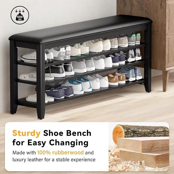 Taitiy Shoe Rack Bench Entryway Storage, Shoe Organizer Bench for Entryway, Ideal for Front Doors Entrances Hallway Mudroom Featuring Rubberwood and 3 Height-Adjustable Removable Shelve