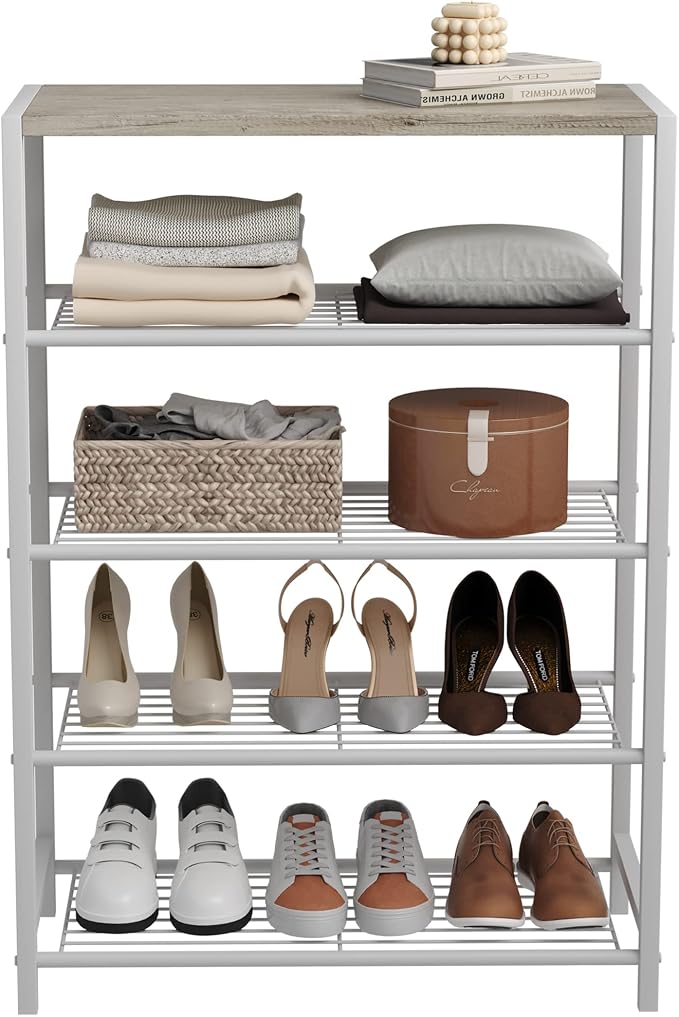 HOMEFORT 5-Tier Shoe Rack, Storage Shelf, Industrial Tower, Narrow Organizer for Closet Entryway, Small Table With Durable Metal Shelves, White Oak