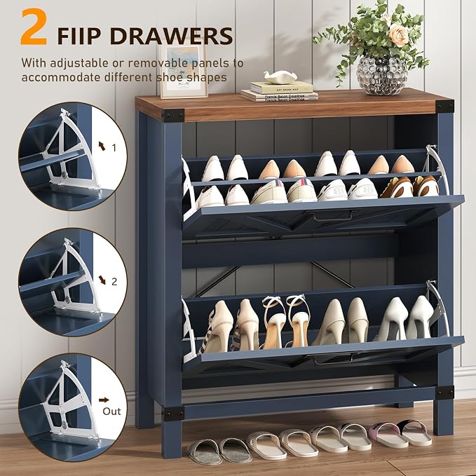 YOMILUVE Shoe Cabinet with 2 Flip Drawers, Farmhouse Shoe Storage Cabinet for Entryway, Slim Shoe Rack Freestanding Shoe Organizer with Barn Door, Blue