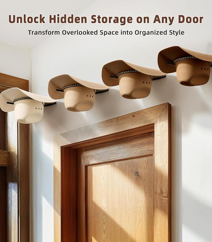 Cowboy Hat Rack 4-Pack Dual Arm Metal Wall Mount for Wide Brim Hats Rustic | Rustic wall hat rack with extended dual arms, fits cowboy hats, fedoras and wide-brim caps to prevent brim bending.