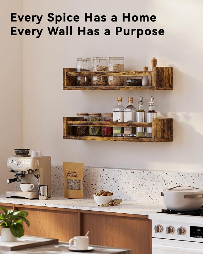 Spice Rack Wall Mount - 4-Pack Wooden Hanging Spice Rack for Wall - Rustic Wood Spice Wall Rack for Kitchen Seasoning Organization (4, Rustic Brown, 15.7 Inches)