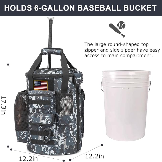 Baseball Bucket Bag 6 Gallon Tactical Softball Coaches Bag with Padded Seat | Baseball Bucket Cover Organizer for Training Equipment, Balls, Bat, Gloves, Scoreboards, with Shoulder Strap