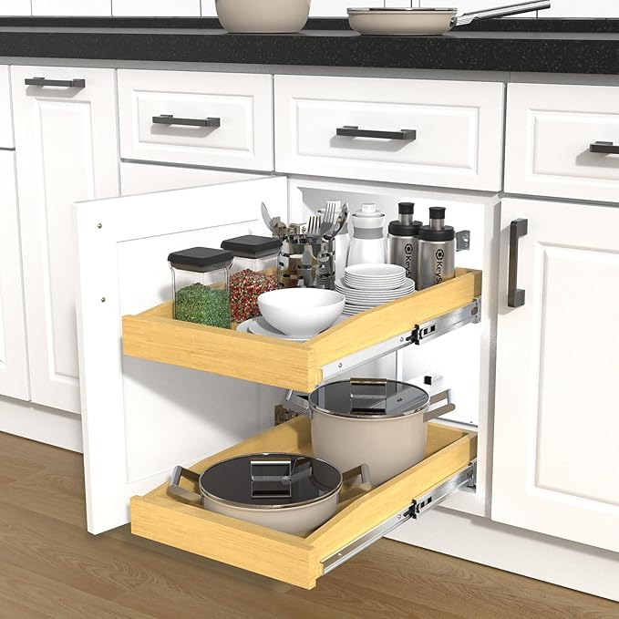 2 Tier Pull Out Cabinet Organizer, 17"W x 21"D Solid Wood Heavy-Duty Base Bottom Assembly Slide out Drawer Shel Cabinet Organization for Kitchen, Pantry, Bathroom