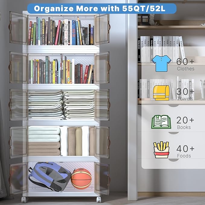 Stackable Storage Bins with Lids, Collapsible Storage Boxes, Foldable Plastic Storage Drawers for Bedroom,Office, Dorm (5, White, M)