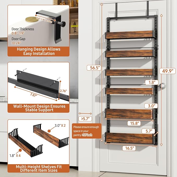 Over the Door Pantry Organizer: Storage and Pantry Organization with Hanging Basket - 6-Tier Metal Spice Rack Adjustable Shelves for Kitchen Laundry Room Bedroom & Bathroom Black