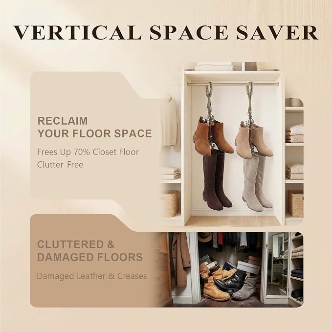 WVX Boot Hangers for Closet (2 Pack) - Vertical Boot Storage Organizer with 8 Non-Marking Clips for Hanging - Adjustable Strap Holder for Tall Boots, Over The Knee & Riding Boots