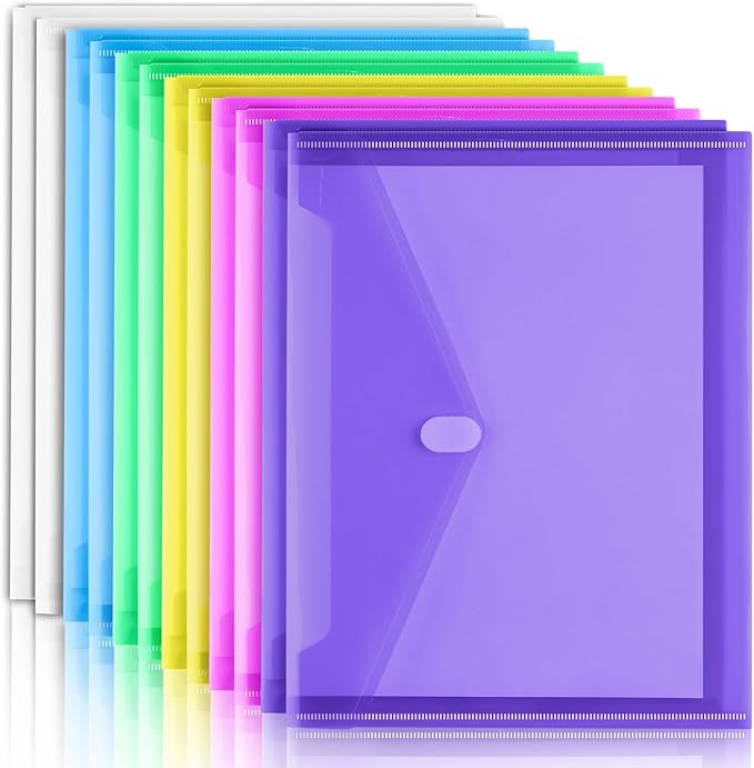Sooez 12 Pack Plastic Envelopes File Folders, Plastic Folders with Safe Closure, Colored Folder for Documents Organizer Letter/A4 Size, Clear Filing Folder for Office School Supplies Storage, 6 Colors