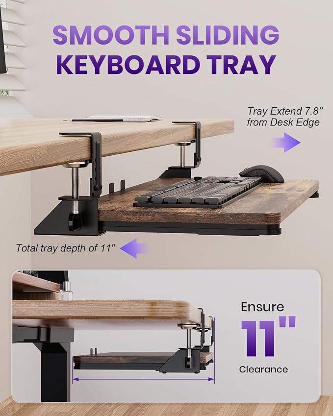 Ergonomic Mouse & Keyboard Tray Under Desk, Pull Out with Adjustable C-clamp, 20 (25.9 Including Clamps) x 11.8 Inch Slide Out Computer Keyboard Drawer Mouse Tray for Typing, Rustic Brown