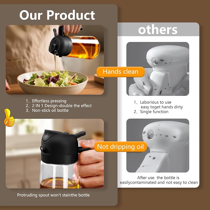 SWEET VIEW 2PCS Oil Sprayer for Cooking 16oz/470ml | Glass Oil Dispenser/Pour Bottle, Kitchen Accessories, Kitchen Gadgets for Air Fryer, Salad, BBQ, with Stickers (Black,Black)
