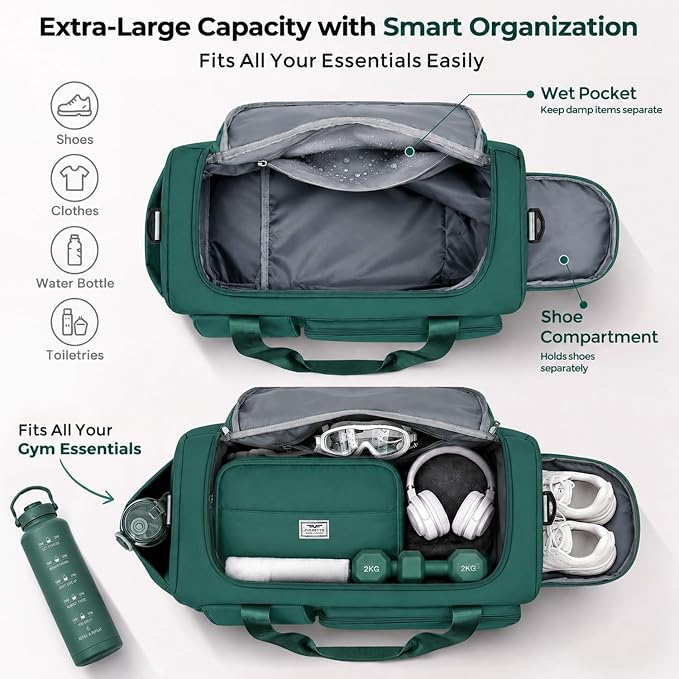 FIORETTO Women's Gym Duffle Bag with Shoes Compartment, 30L Capacity, Ideal for Travel, Gym, Sports, Duffel, Weekender