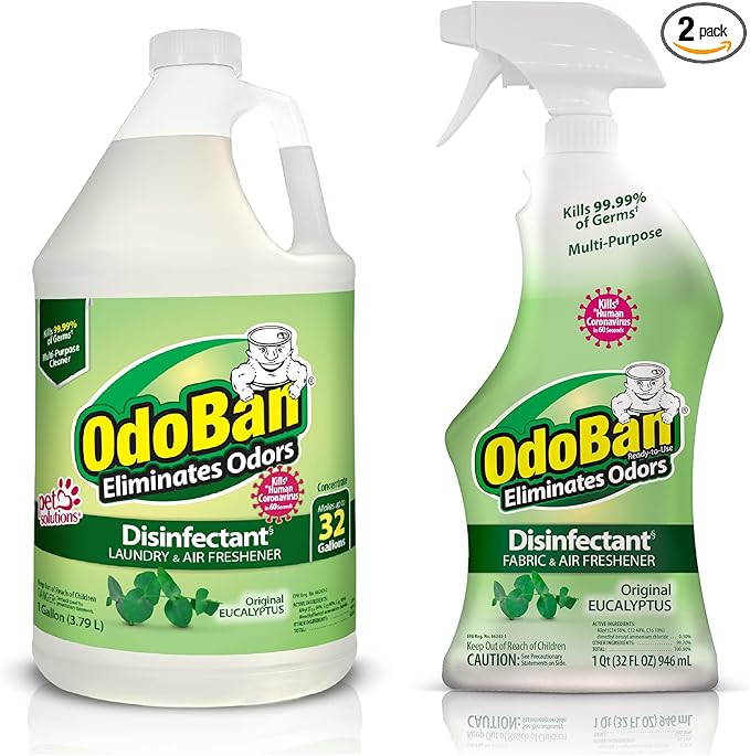 OdoBan Ready-to-Use Disinfectant and Odor Eliminator, Made in the USA, Original Eucalyptus Scent, Set of 2, 32 oz Spray and 1 Gallon Concentrate