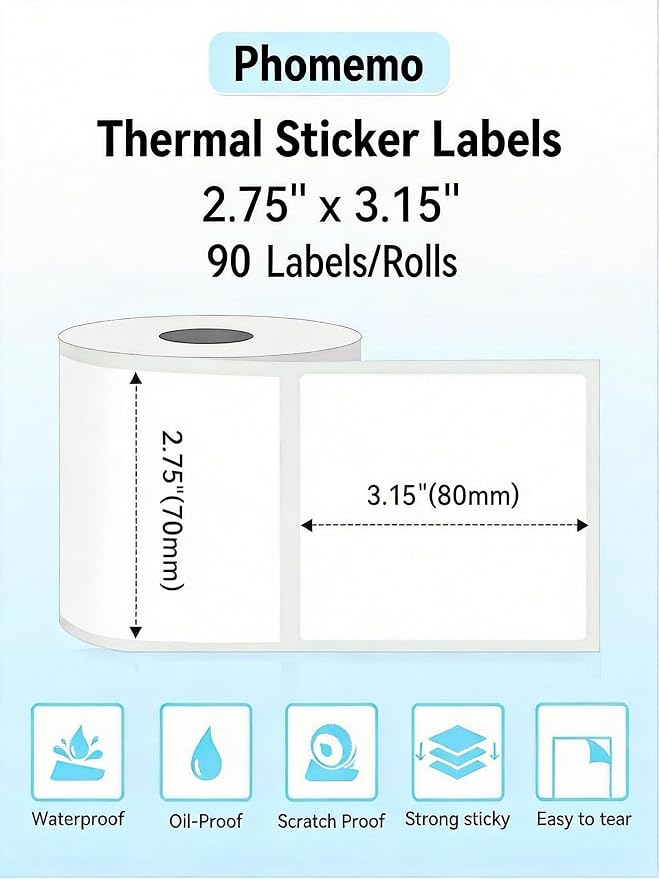 Phomemo M220 Labels-Thermal Sticker Labels 2.75''x3.15''(70x80mm) Thermal Label for M221/M220/M250/M260, for Barcode/Address/Mailing/Logo/Business/Home Tag, 1 Roll, 90 PCS