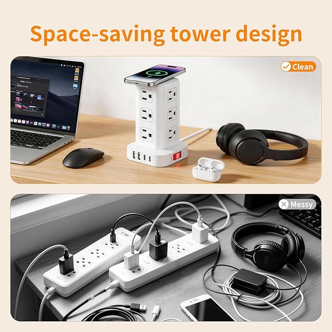Extension Cord with Multiple Outlets, SMALLRT Surge Protector Power Strip Tower, 10FT Outlet Extender with 12 AC Outlets 4 USB, Power Strip with USB Ports for Home Office Dorm Room,Overload Protection