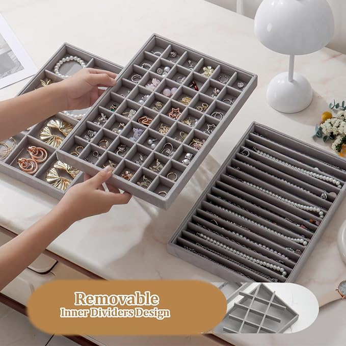 Large Stackable Jewelry Tray 4 Pack Velvet Jewelry Display Drawer Inserts Trays Organizer for Earring Bracelet Necklace Ring (Gray, 48 Grids)