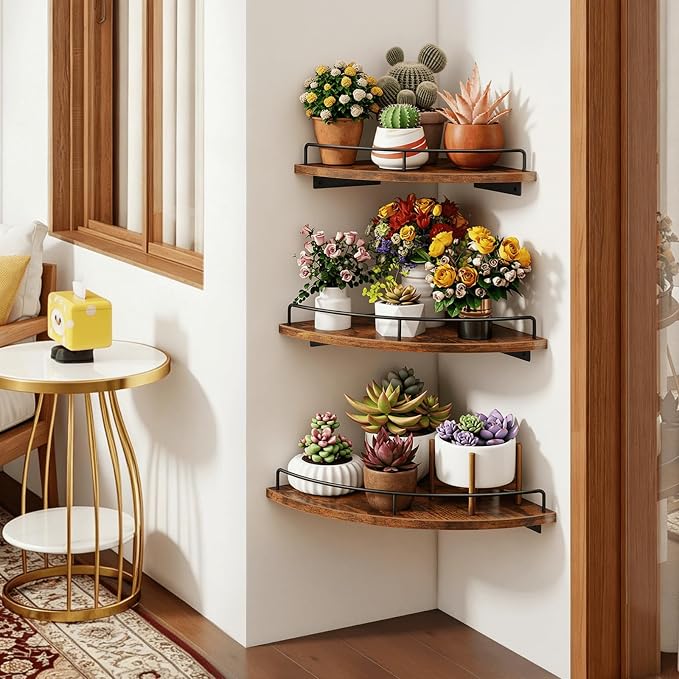 Homode Corner Shelf Wall Mounted Set of 3, Corner Floating Shelves 9/10/12 Inch Deep, Wood Round Corner Hanging Display Shelf with Guardrail for Bathroom Bedroom Kitchen Living Room, Rustic Brown
