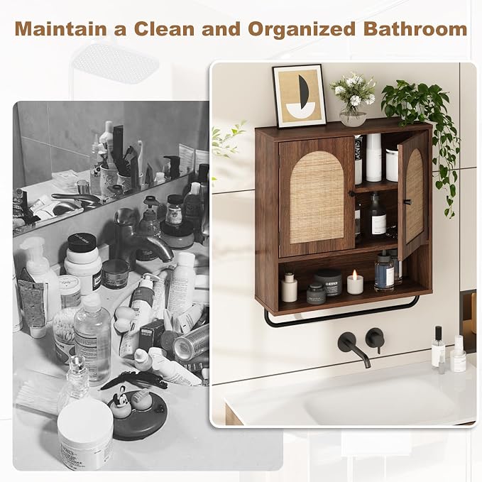 RUSTOWN Rattan Bathroom Wall Cabinet, Boho Medicine Cabinet with 2 Arched Doors, Farmhouse Over the Toilet Storage Cabinets with Adjustable Shelves & Towel Bar, 3-Tier Wall Mounted Cabinets