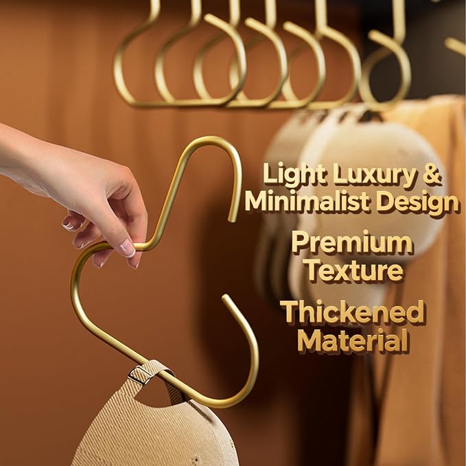 2 Pack Hat Hangers for Closet, Metal S Shaped Hooks Organizer for Baseball Caps, Scarves, Belts & Bras, Heavy Duty Storage Holder with Gold Finish
