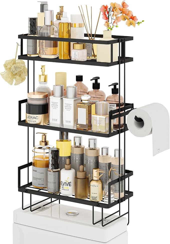 Godboat 3-Tier Over Toilet Storage Shelf, Wall-Mount with 2 Hook/Paper Rack | Bathroom Organizers and Storage Cabinet, Behind/Above/On/Top/Back Tank Shelves, Decor for Bathroom/Restroom/Kitchen/Bedroom